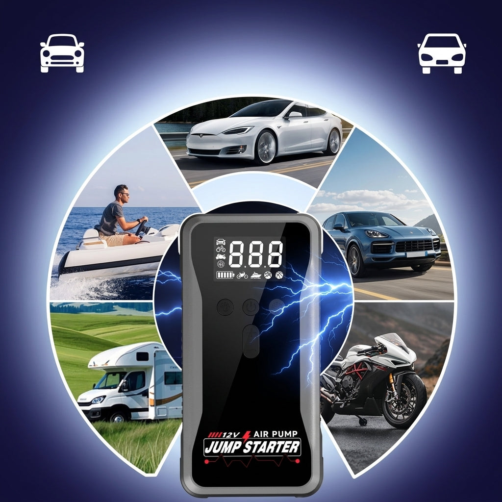 12V 8000A Emergency Car Jump Starter with Air Compressor, Power Bank & LED Flashlight