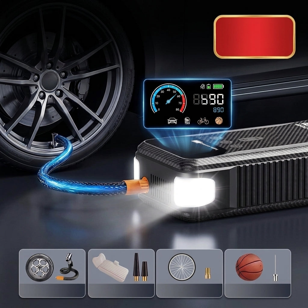 12V 8000A Emergency Car Jump Starter with Air Compressor, Power Bank & LED Flashlight