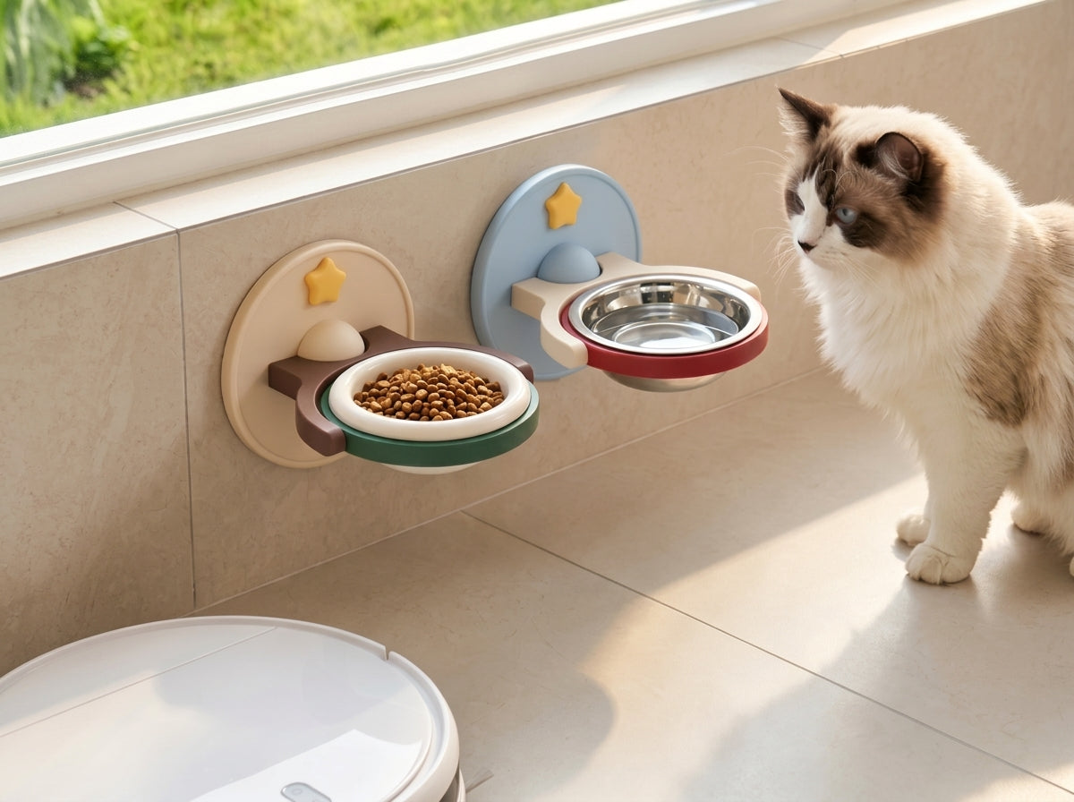 2-in-1 Elevated Cat Feeder Bowl  Wall Mount & Anti-Tip Stand