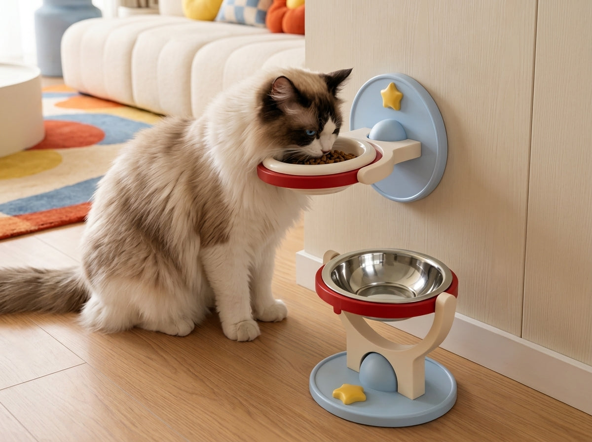 2-in-1 Elevated Cat Feeder Bowl  Wall Mount & Anti-Tip Stand