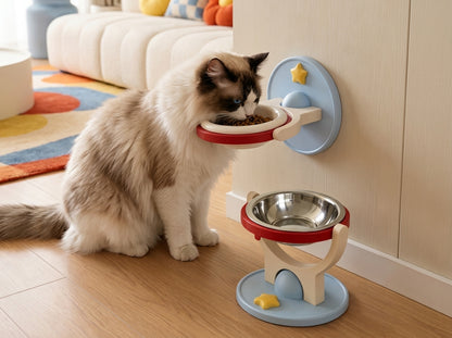2-in-1 Elevated Cat Feeder Bowl  Wall Mount & Anti-Tip Stand