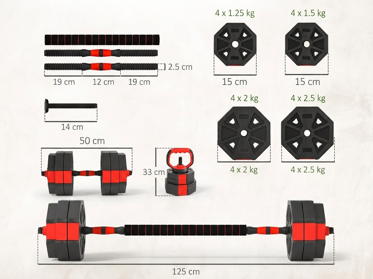 30kg 4-in-1 Adjustable Weight Set  Dumbbell, Barbell & Kettlebell