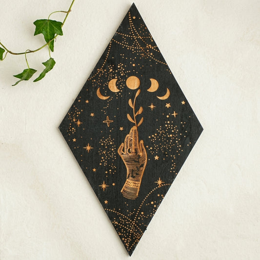 Black Moon Phase Wooden Wall Decor | Boho Rhombus Wall Art