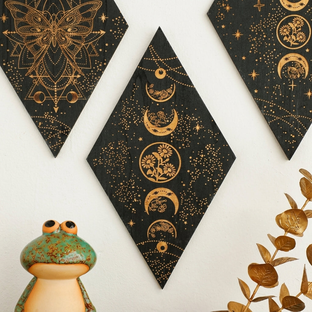 Black Moon Phase Wooden Wall Decor | Boho Rhombus Wall Art