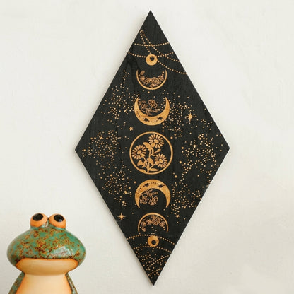 Black Moon Phase Wooden Wall Decor | Boho Rhombus Wall Art