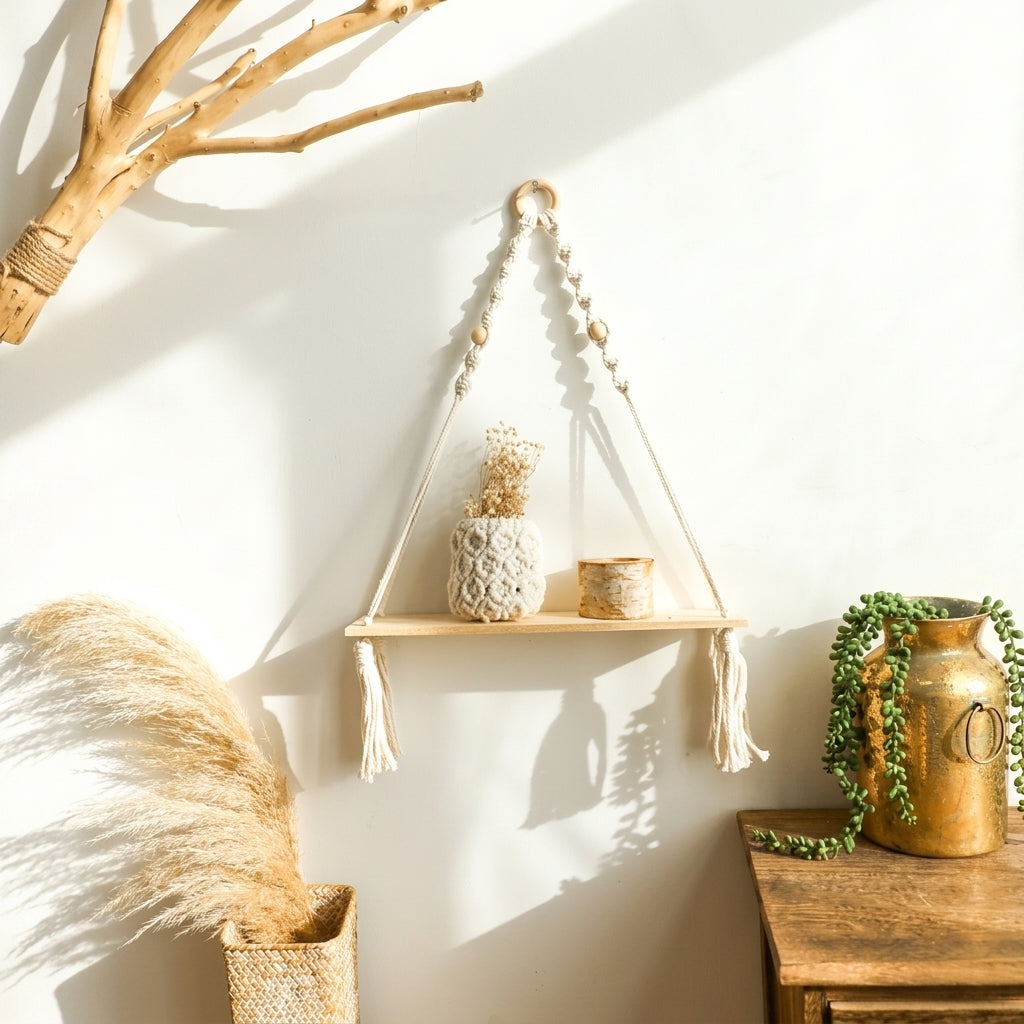 Boho Wooden Hanging Wall Shelves | Aesthetic Rustic Room Decor