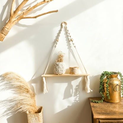 Boho Wooden Hanging Wall Shelves | Aesthetic Rustic Room Decor