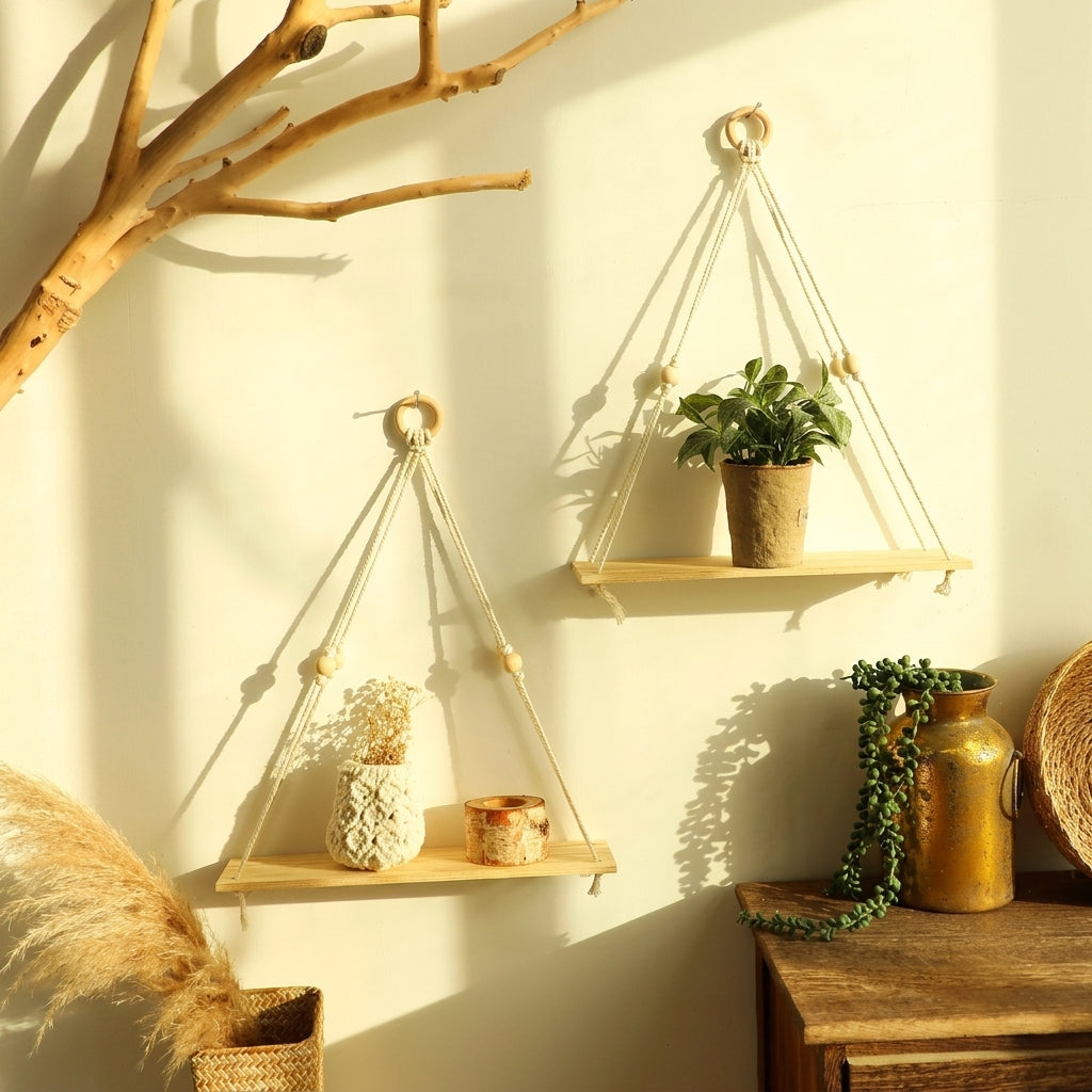 Boho Wooden Hanging Wall Shelves | Aesthetic Rustic Room Decor