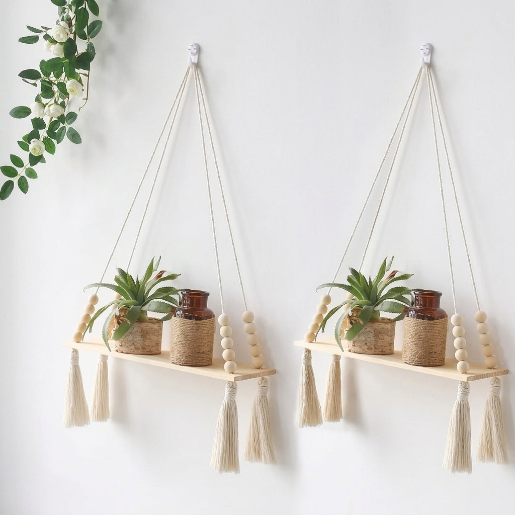 Boho Wooden Hanging Wall Shelves | Aesthetic Rustic Room Decor